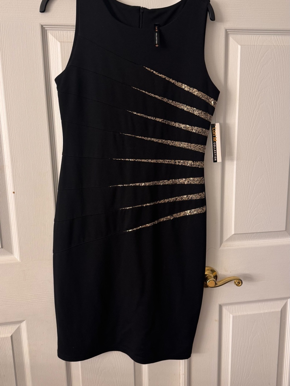 Sleeveless Black Midi Dress with Gold Sparkle Accents